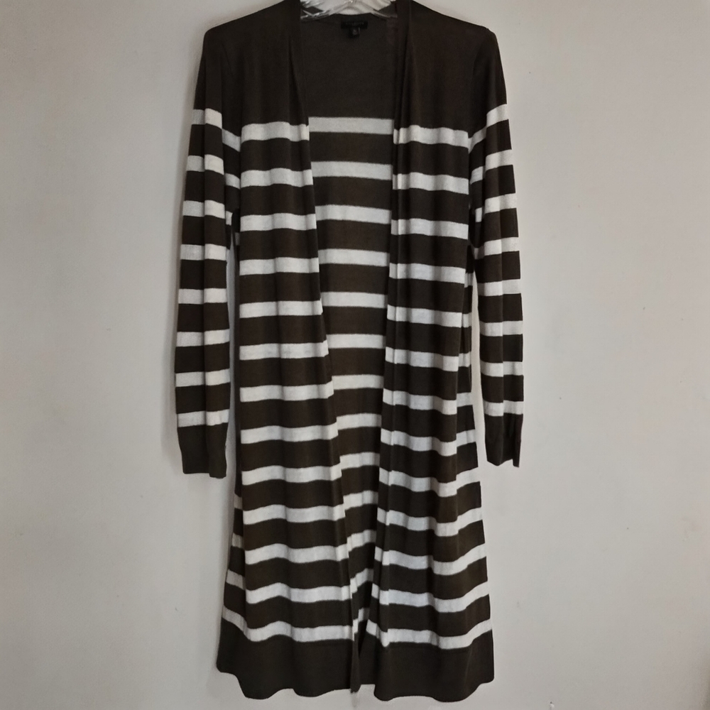 Talbots Olive Green & White Striped Open Front Cardigan Linen Sweater Size Mp